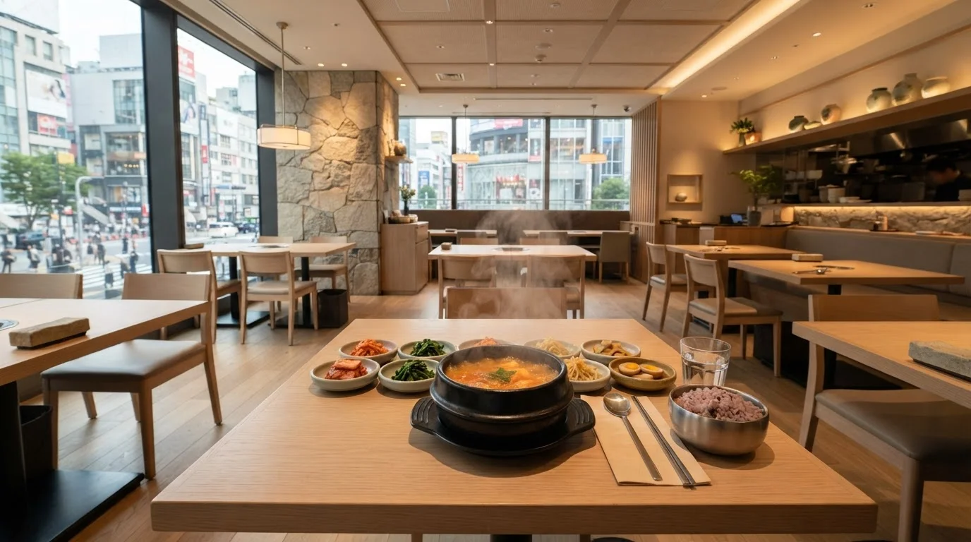 テーブル席が整然と並ぶ韓国料理店の店内全景