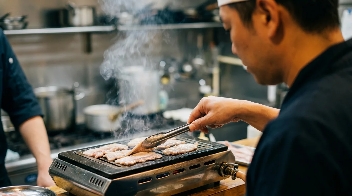 韓国料理の器に具材を丁寧に盛り付ける調理中の手元